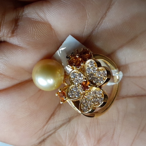 925  Golden South Sea Pearl, Madeira Citrine, White Zircons Ring. 10.5mm FIRM. - Picture 16 of 17